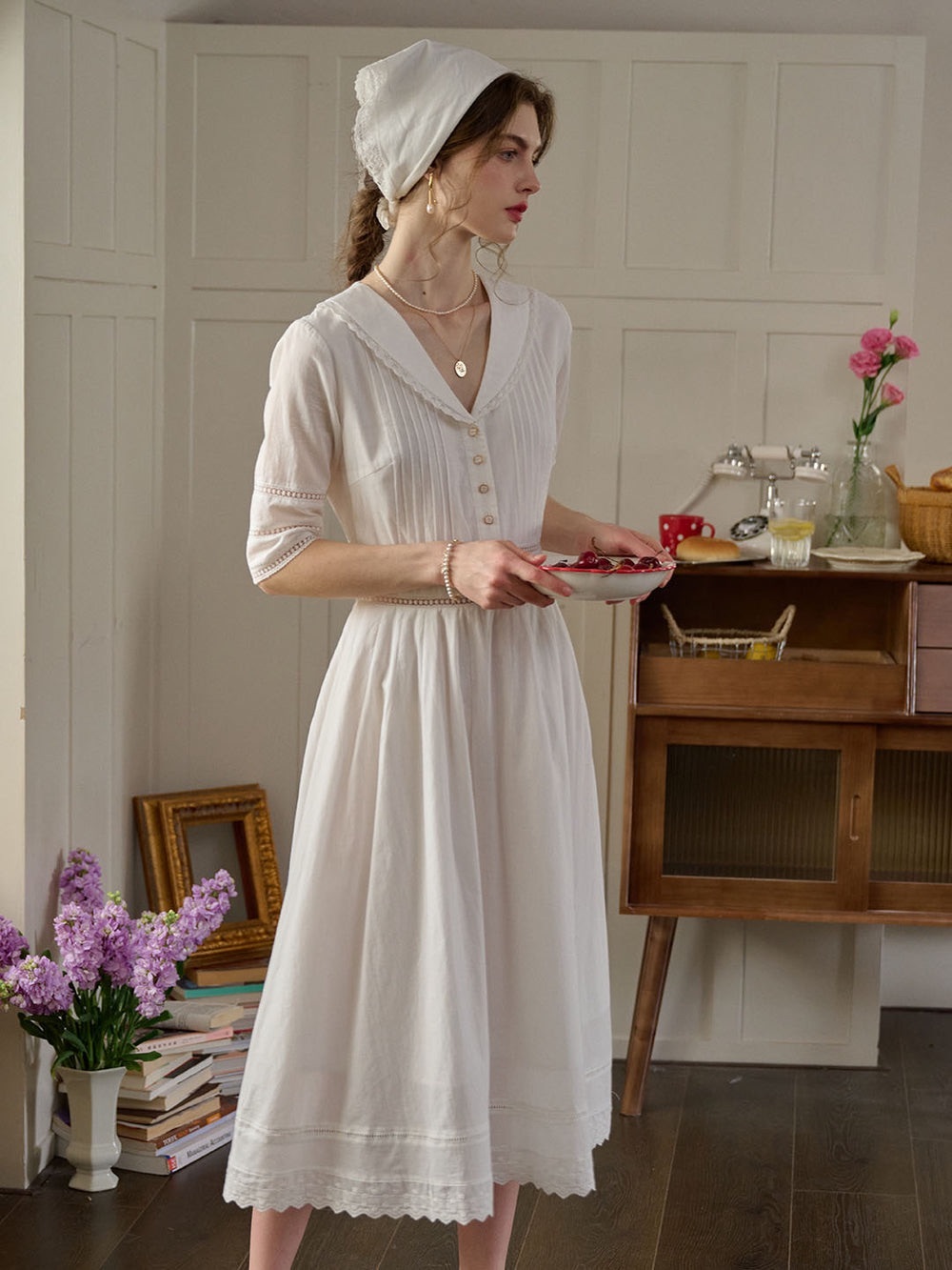 Vintage-Inspired White Midi Dress with Button Front
